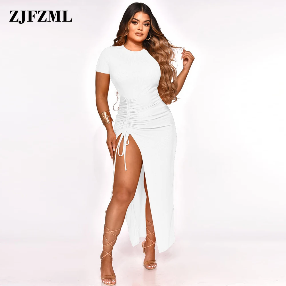 

Classic Women Bodycon Ruched Drawstring Maxi Dress Summer Solid Color Short Sleeve Side High Split Vestidos Sexy Birthday Outfit