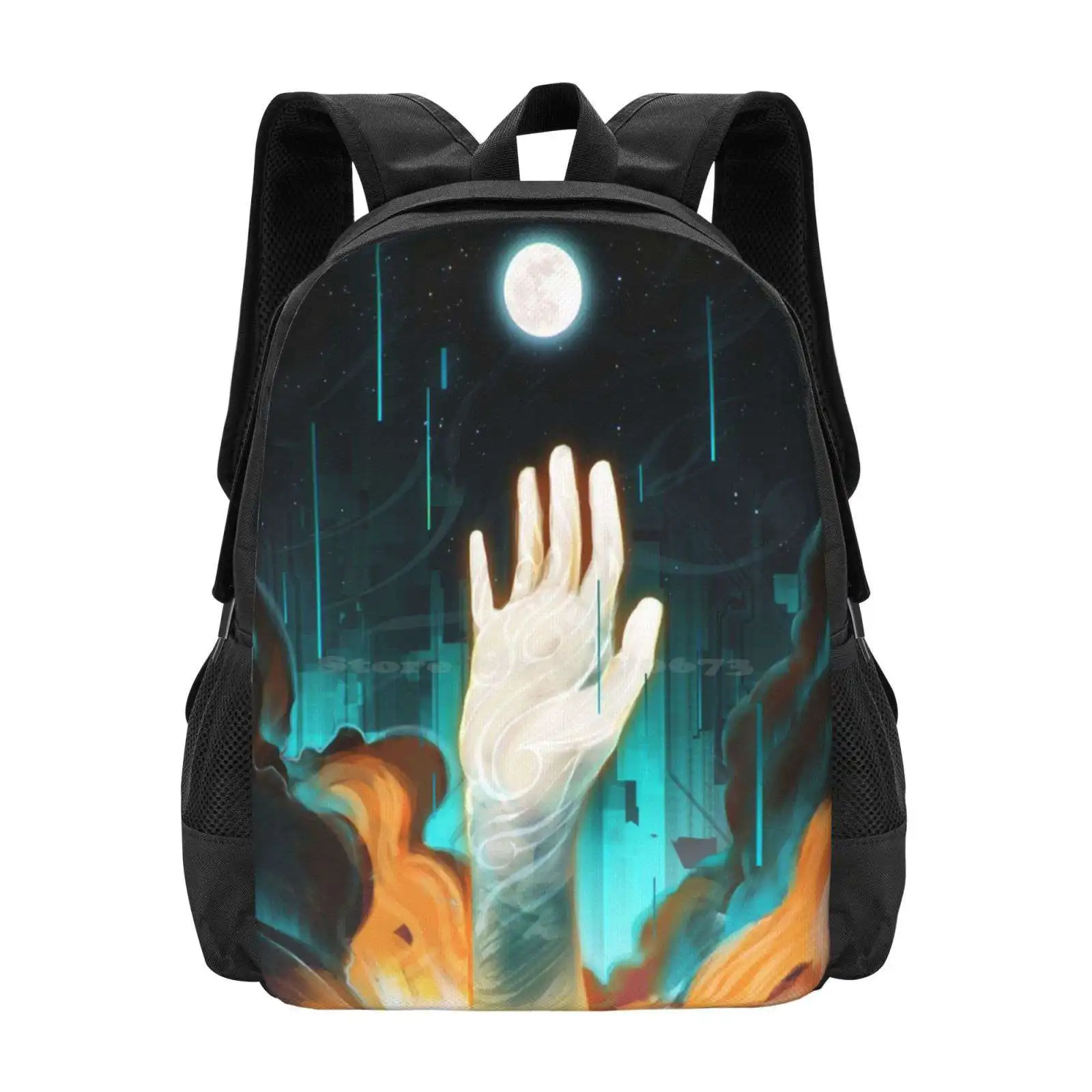

Reach Bag Backpack For Men Women Girls Teenage Moon Nature Clouds Hand Mystical Magic Surreal Geometry Spirit Wind Cool Awesome