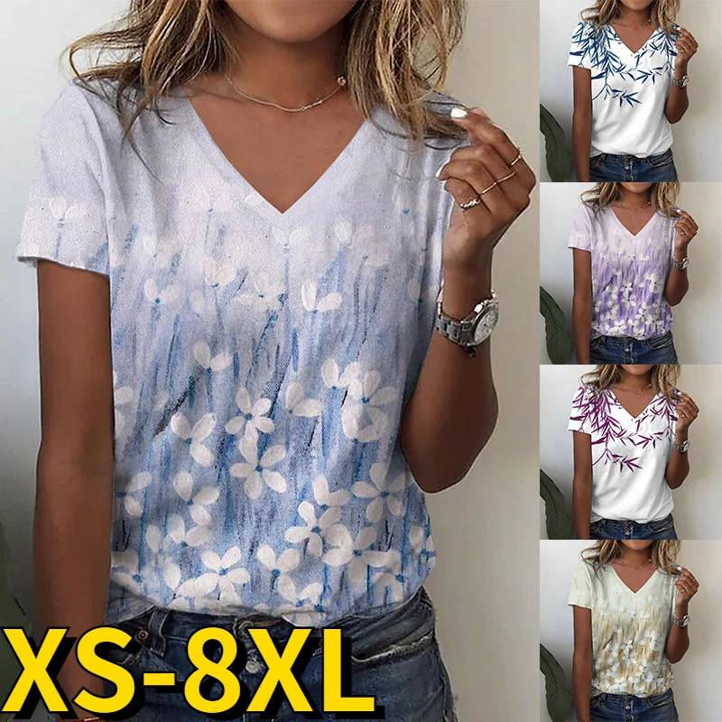 

2022 Летняя женская футболка с 3D принтом 2022 Модный женский топ с коротким рукавом Повседневная Свободная Женская футболка с V-образным вырезо...