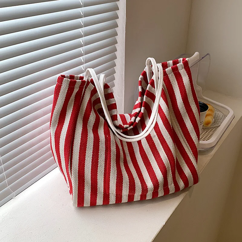 

Stripe Designer Women Handbag Female Casual Travel Canvas Shopper Shoulder Bags Purse Students Simple Tote Bag Birthday Gifts