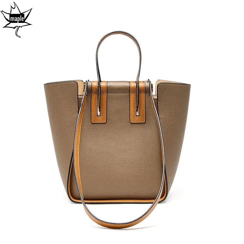 2022 Winter Hit-color Large Capacity Basket Tote Long Top-handle Top Layer Cow Leather Women Handbag Kakhi Luxury Shoulder Bag