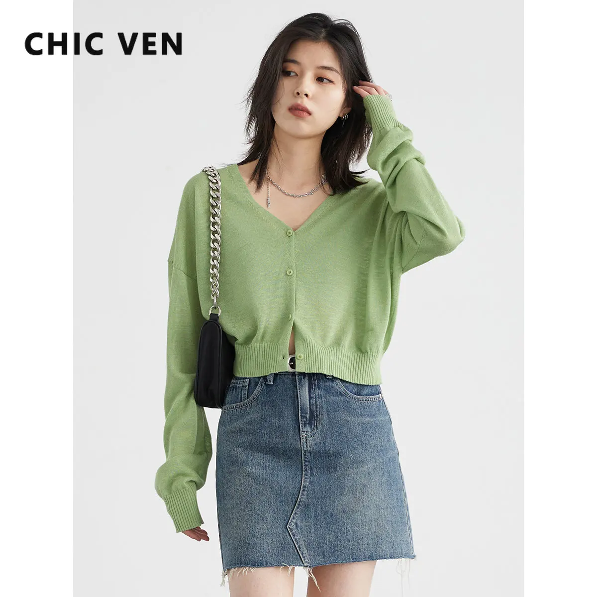 

CHIC VEN Women Cardigan Solid Loose V-neck Bamboo Knot Linen Thin Knitted Long Sleeve Sweaters Female Jumpers Summer New 2023