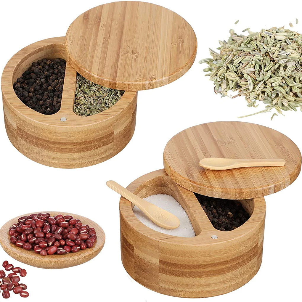 

Bamboo Spice Box Seasoning Container Salt Pepper Jar Swivel Lid Condiments Keeper Barbeque Picnicking Kitchen Supplies