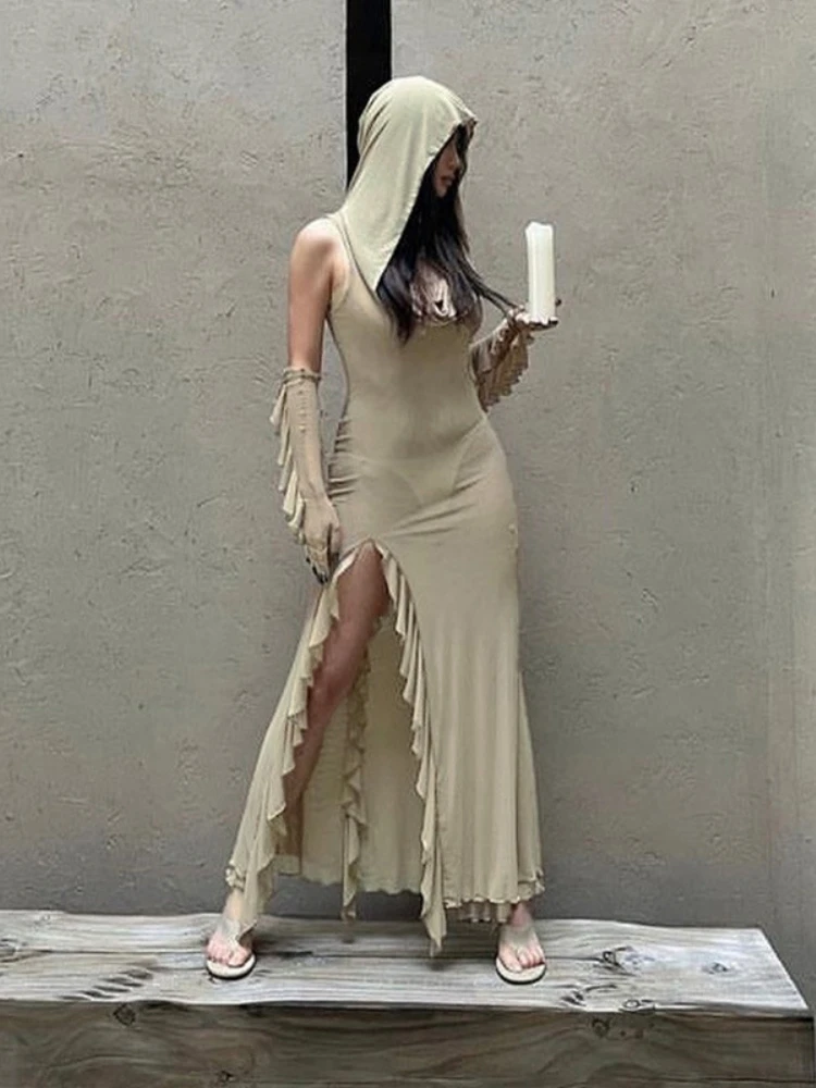 

Khaki Hooded Long Dresses for Women Ruffle Split Y2k Dress Sleeveless Summer Fashion Clothing Hottie V Neck Vestidos De Mujer