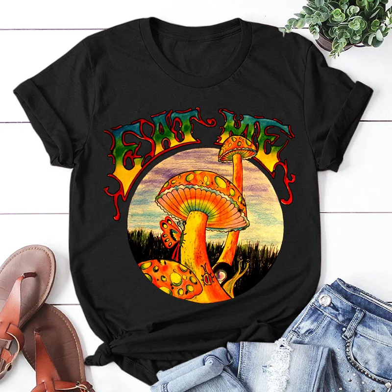 

New Mushroom Women's Black T-shirt Women's Casual Round Neck T-shirt Mushroom Printed Women's T-shirt Vintage Streetwear Tees