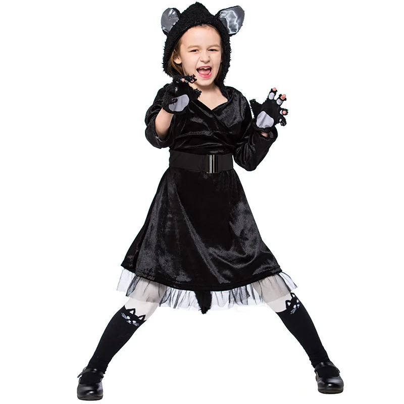 

Halloween Purim Party Costumes for Girls Girl Animal Black Cat Costume Cosplay Hooded Dress Kids