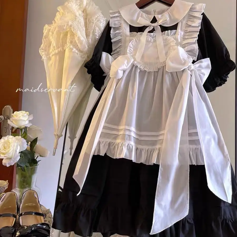 

Japanese Sweet and Cute Lolita Maid Skirt Bow Retro Victorian Gothic Lolita JSK Princess Kawaii Short-sleeved Dress