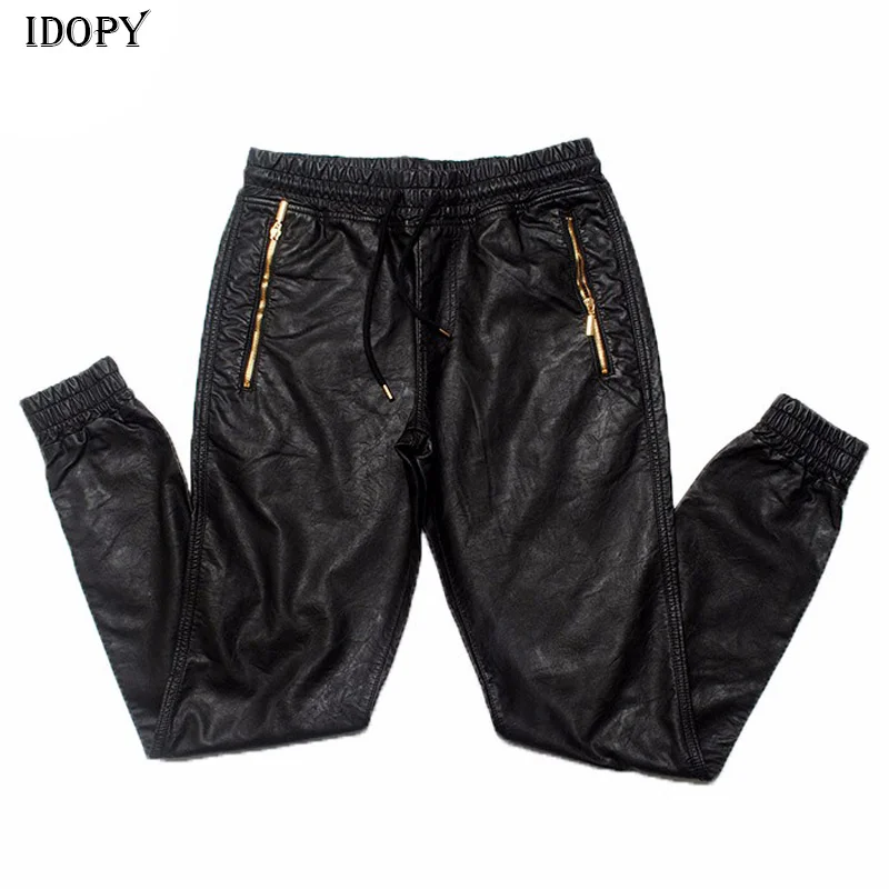 

Idopy Men`s Autumn Faux Leather Joggers Harem Pants Hip Hop Ankle Gold Zippers Elastic Waist Dstring PU Trousers For Male