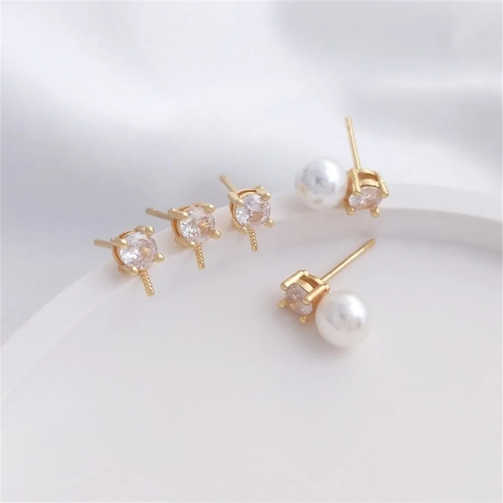 

14K Gold Filled Plated Single zircon with half hole bead pin earring 925 silver bead pin diy earring