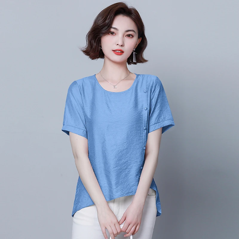 

Fashion Woman Blouse 2022 Summer Female Clothing Hemp Cotton Blouses and Shirts Short Sleeve Top Women Asymmetrical Casual Shirt