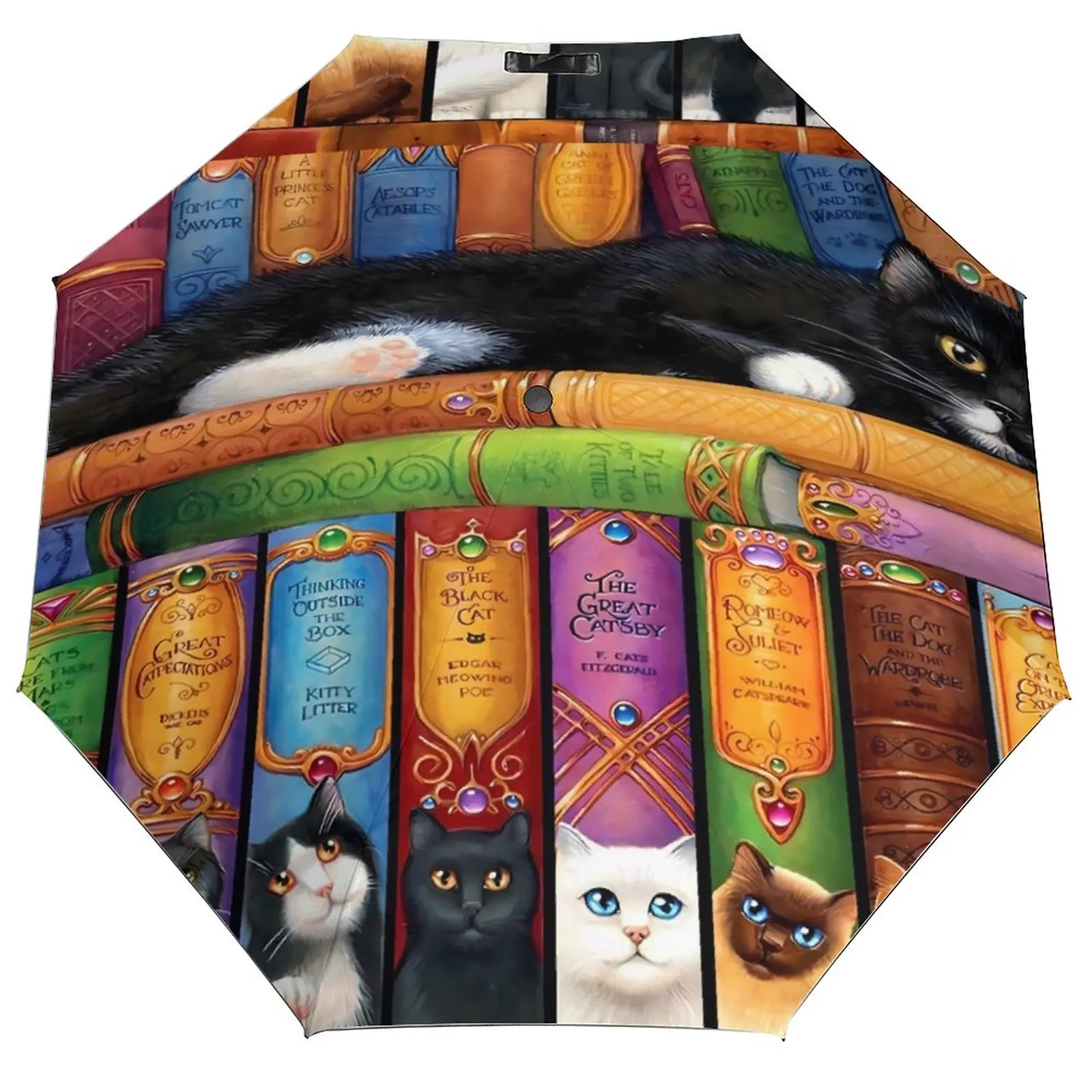 

Library Cats And Books 8 Ribs Umbrella Beach Unique Umbrellas Windproof Lightweight Auto Umbrella