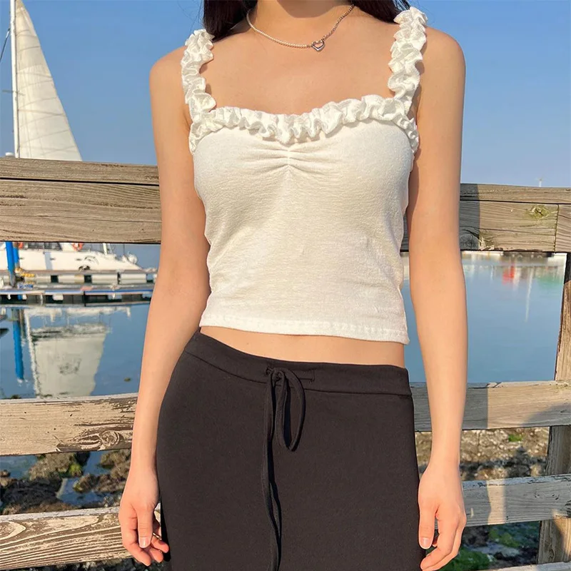 

2022 New Fashion Sexy Lady Crop Tops Summer Camisole Y2K Girl Clothing With Lace Women Outfits Tank Tops Sleeveless For Outdoor
