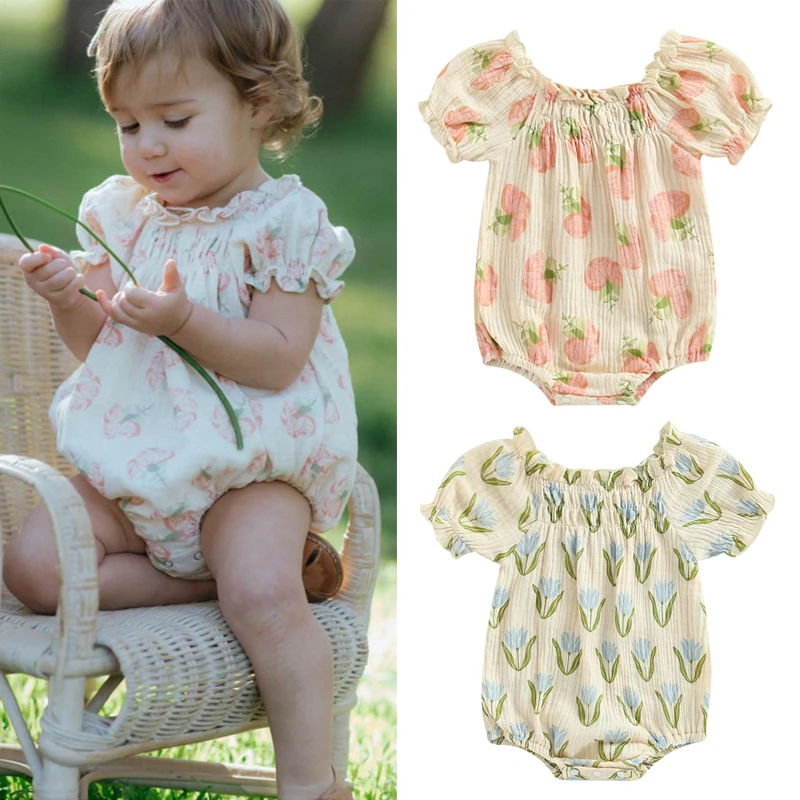 Детский летний комбинезон с цветочным принтом коротким рукавом-фонариком