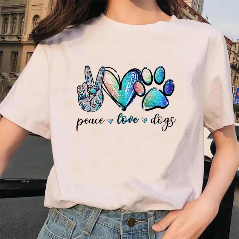 

Peace Love Dogs Tshirt Fashion Women Dogs Paws T Shirt Funny Casual O-neck Short Sleeves T-shirt Summer Kawaii Female Tee Shirt