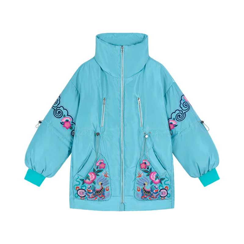 

Winter Mid-Length Loose Cotton-Padded Clothes New Windproof Turtleneck National Fashion Embroidery Cotton-Padded Coat Women