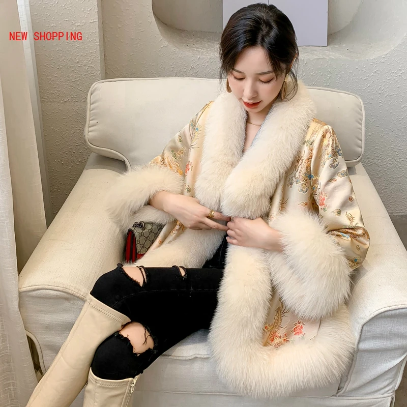 Thick Warm Winter Jacket Women Female Luxurious Dragon Print Embroidery Elegant Cloak Bead Overcoats Elegant Faux Fox Fur Coat