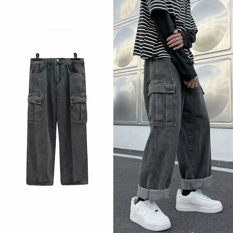 Джинсы-багги мужские прямые с большими карманами модные мешковатые брюки из