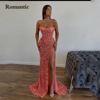 romantic orange glitter sexy prom dress a line sleeveless floor length long evening dress sweetheart side slit for black girl