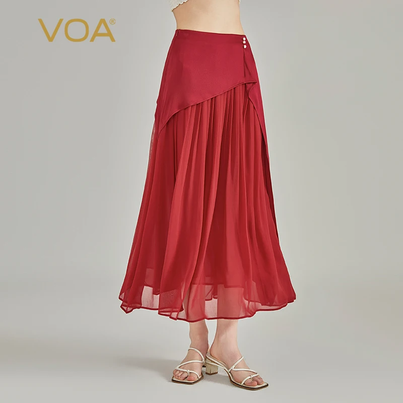 

VOA Silk Heavyweight 40 Momme Double Sided Satin Red Pearl Decoration Asymmetric Loose Leaf Design Half Skirt for Women CE210