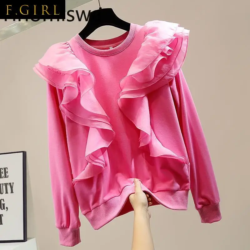 F GIRLS Ruffle Patchwork Long Sleeve Sweatshirts Women O Neck Casual 2021 New Hoodies Elegant All-match Loose Tops Clothes