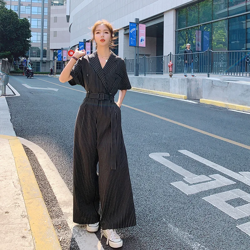 

SuperAen 2022 New Striped Jumpsuit All Match Striped Loose Oversized Waistband Waist Slim Office Lady Overalls for Women
