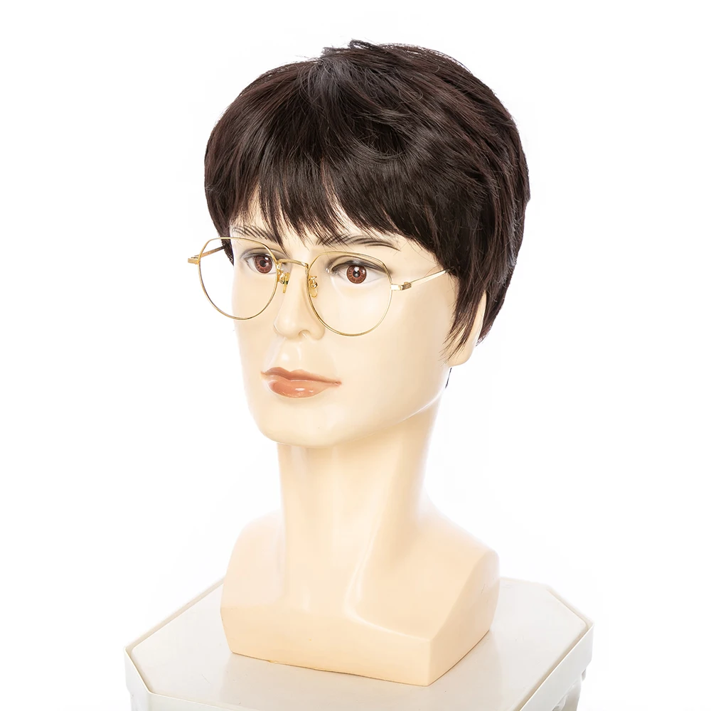 Gres Natural Black Men's Short Synthetic Hair Wigs Heat Resistant Fiber Cosplay Wigs Machine Made for Male