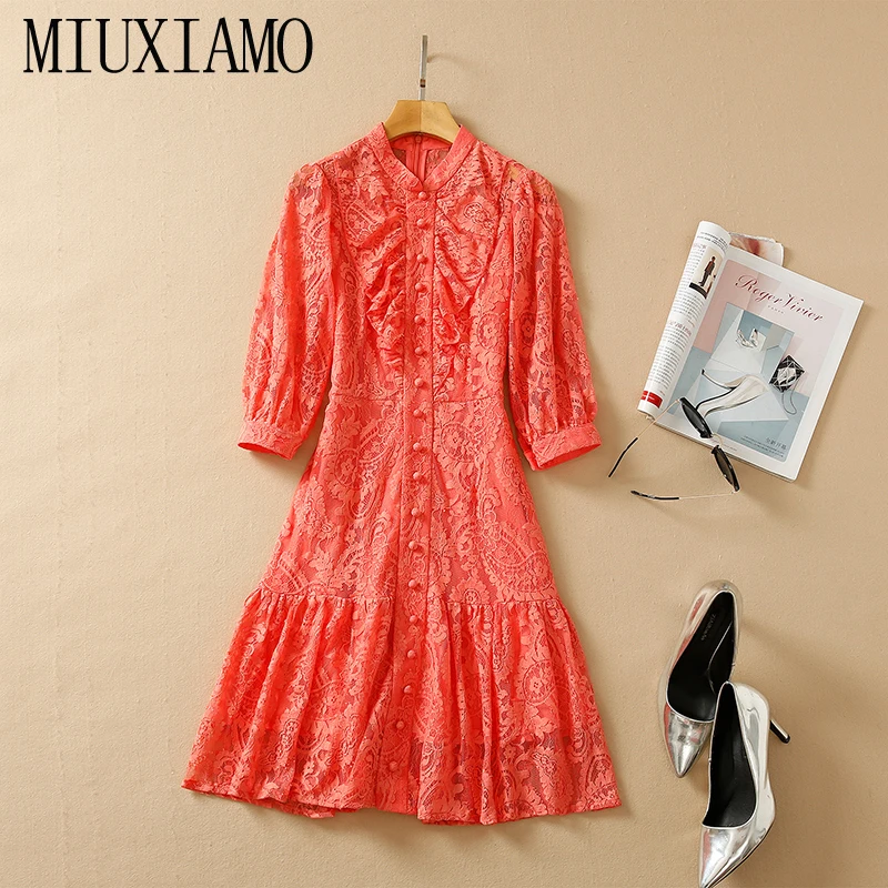 

MIUXIMAO 2022 High Quality Spring&Summer Elegant Dress Short Sleeve Stand Collar Lace Gauze Fashion Short Dress Women Vestides