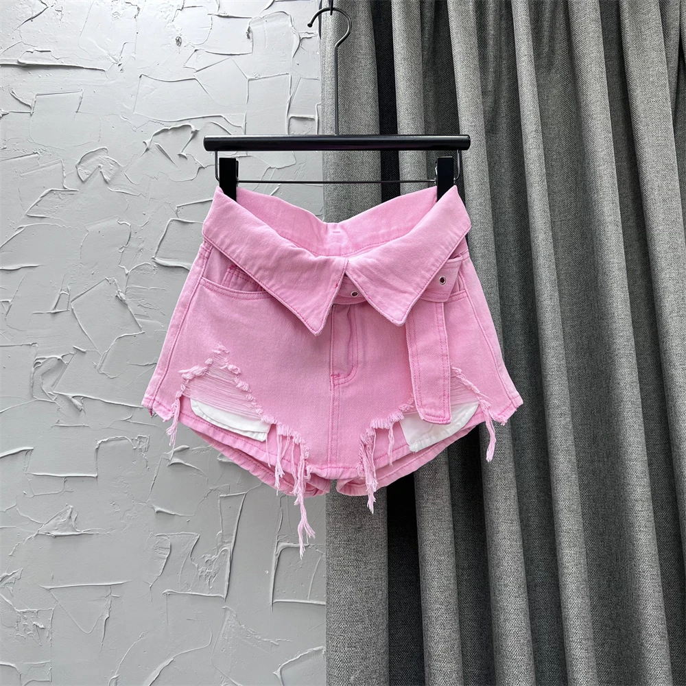 

Женская летняя одежда, новая одежда в Корейском стиле, рваная трапециевидная короткая юбка с высокой талией и потертостями, розовые джинсовые юбки, женские