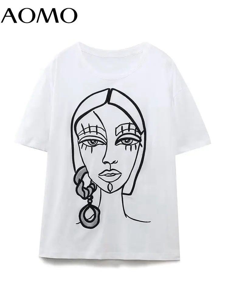 

Женская хлопковая Футболка с вышивкой AOMO, белая винтажная Повседневная футболка большого размера для девушек и женщин, 6H408A, лето 2023