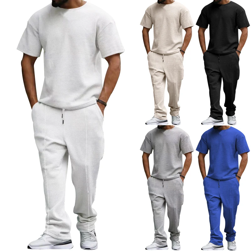 

2023 New Youth Casual Round Neck Solid Short Sleeves+Sports Drawstring Straight Trousers High Quality Set