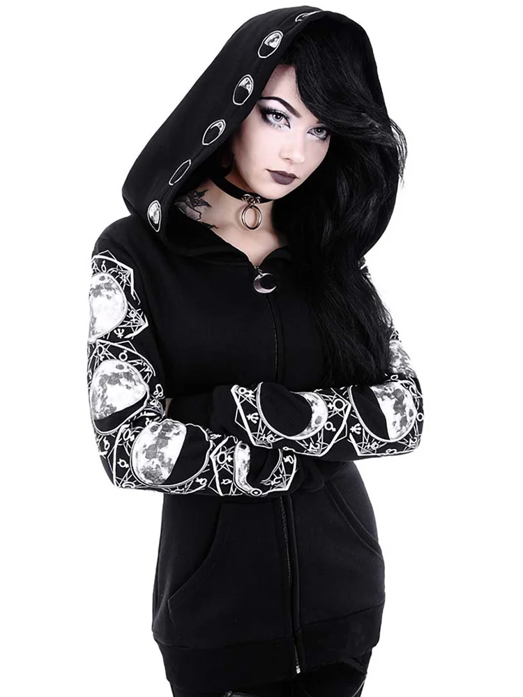 

5XL Gothic Punk Women Print Long Sleeve Hoodies Sweatshirts Casual Zipper Jacket Hooded Tops Female Autumn Winter Black Hoodies.