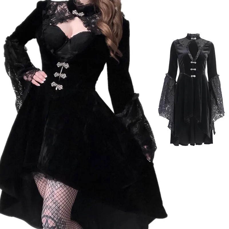 Stylish Black Frock Lace Stitching Dress Gothic Lolita Dress Hollow Pleated Dress Dark Streetwear Irregular Frock