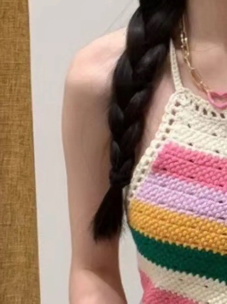 

2023 Spring Summer Women Color Contrast Stripes Hollow Out Halter Lace Up Backless Slim Knitted Mini Dress