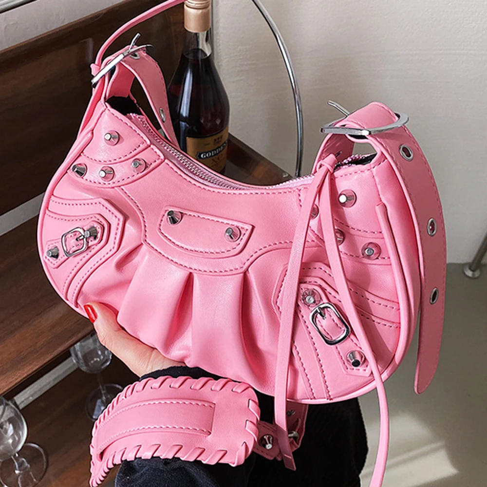 

Дизайнерская кожаная сумка через плечо с заклепками и полумесяцем, 2 шт., винтажные кошельки и сумочки в стиле панк на плечо для подмышек, зим...