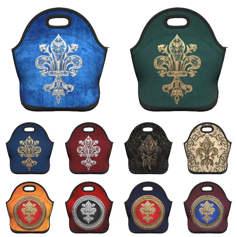 Neoprene Silver Filigree Fleur De Lis Thermal Insulated Lunch Bag Lily Flower Fleur-De-Lys Resuable Lunch Box for Work School