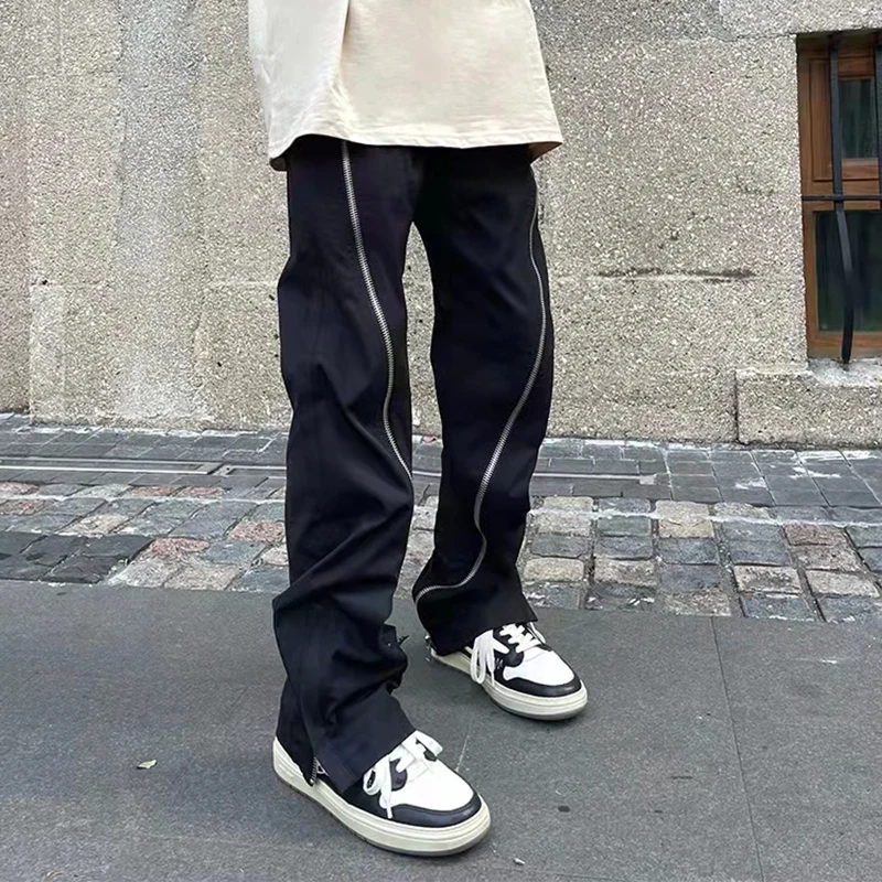 

Harajuku Front Zipper Pockets Black Casual Mens Trousers Oversized Straight Solid Vibe Style Streetwear Track Pants