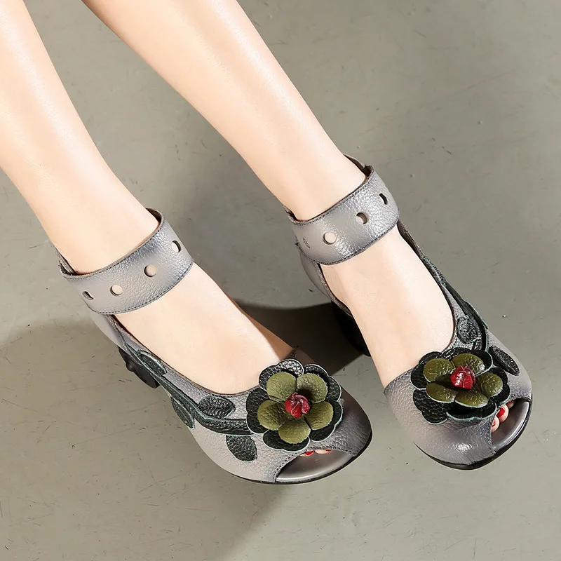 

Women Thick Heels Sandals Flower Ethnic Style Summer Handmade Genuine Leather Shoes High Womens Comfy