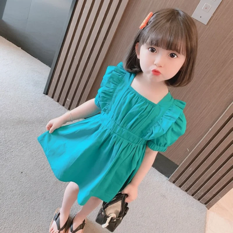 

2023 Summer Girls Princess Dress Kids Square Collar Puff Sleeve Dresses Girl Cotton Casual Dress Children Elegant Party Clothing
