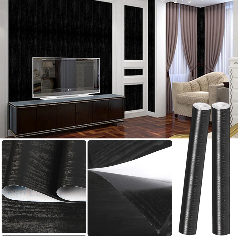

10M Black Wood Self-Adhesive Wallpaper Roll Countertop Furniture Kitchen Wall Waterproof Vinyl Peel and Stick Wall Stickers