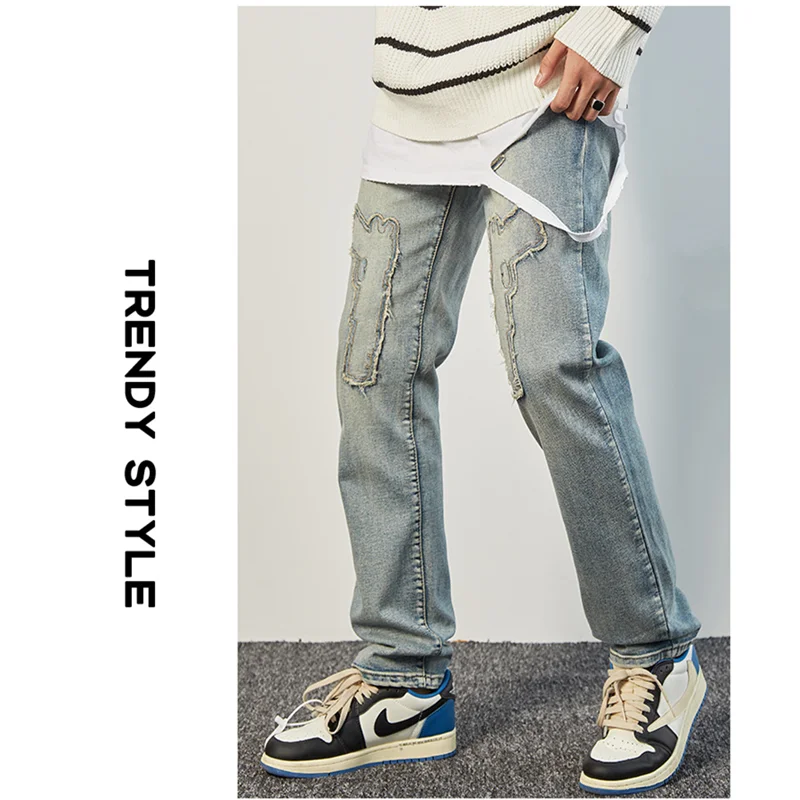 Streetwear Men 2022 New Pattern Vintage Recreational Blue Pants Applique Straight Cylinder Comfortable Loose Jeans Autumn Female