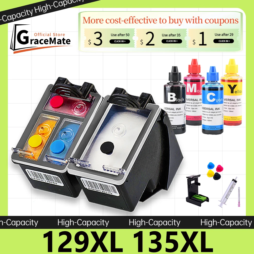 

129XL 135XL Deskjet 6940 6940dt 6943 6980 dt 6980xi 6983 6988 6988dt 6988xi сменный чернильный картридж для струйной печати HP 129 135 XL