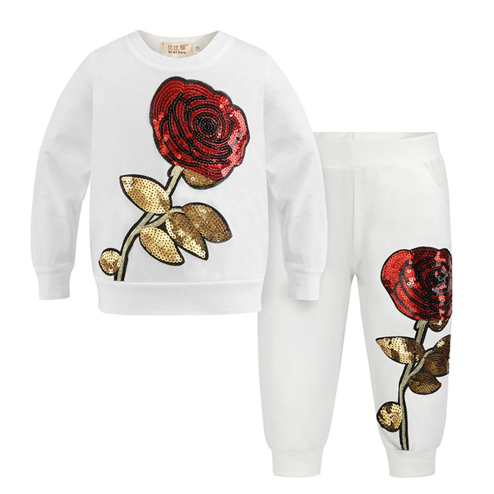 

Two-Piece Kids Girls Sports Set Tracksuit Sequined Rose Flower Warm Long Sleeve Pullover Sweatshirt with Sweatpants Casual Wear