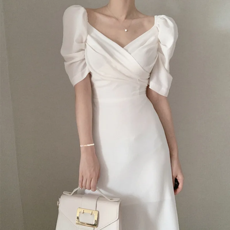 

V-neck Slim Waist Women Dress Elegant Puff- Sleeve White Female A-line Dress 2022 Summer Party Vestidos Femme Maxi Dresses