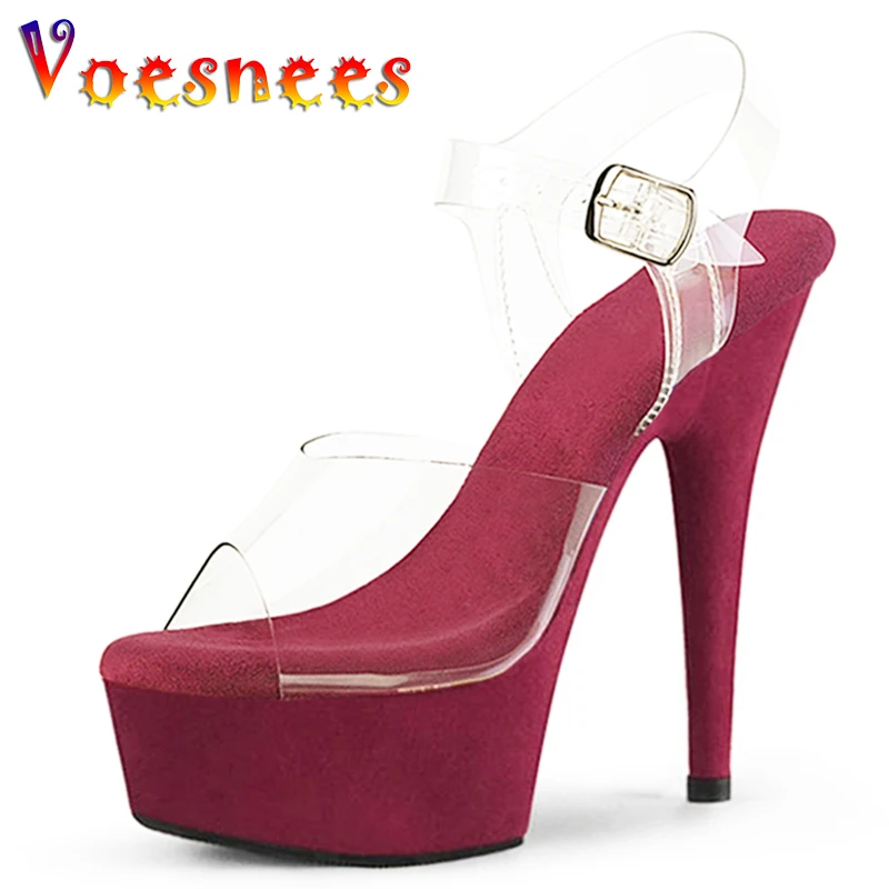 

34-43 Sexy Super High Heels 15CM Stiletto Waterproof Platform Sandals Suede Non-slip Insole Transparent Crystal Wedding Shoes