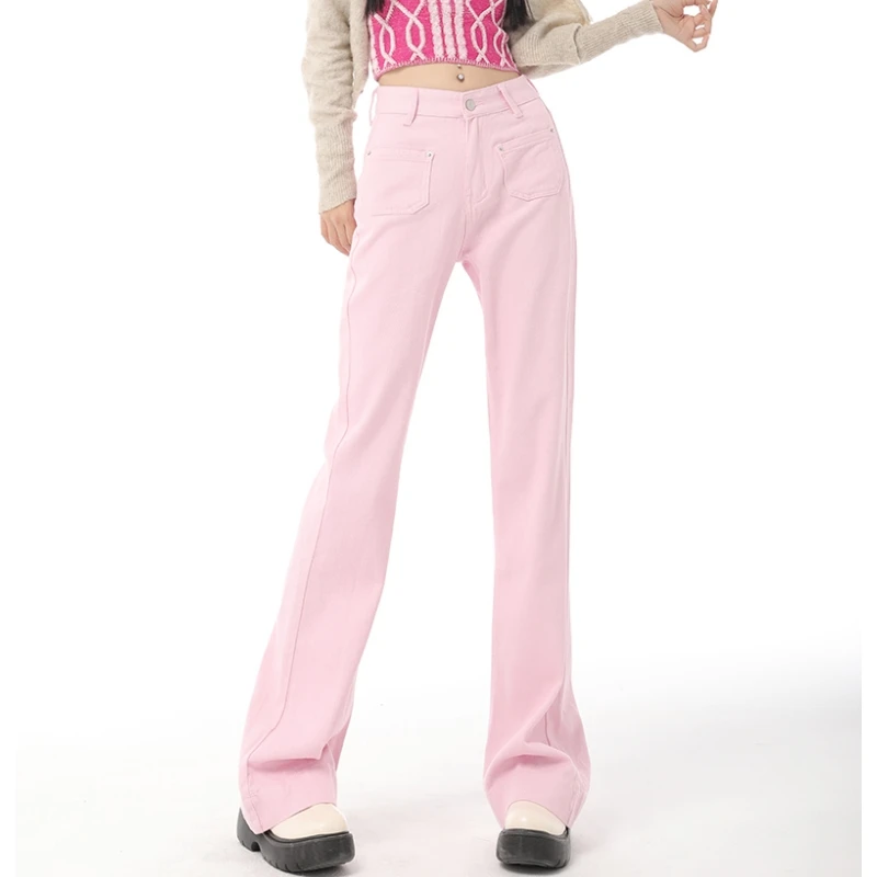 

Vintage Women Pink Jeans High Waist American Fashion Streetwear Style Wide Leg Jean Female Baggy Trouser Straight Denim Pants