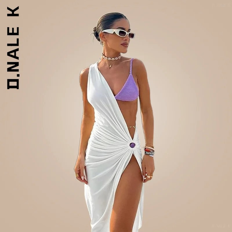 

D.Nale K White One Shoulder Sleeveless 2022 Summer Y2K Sexy Dresses Hollow Out Women Midi Beach Dress Bodycon Party Nightclub