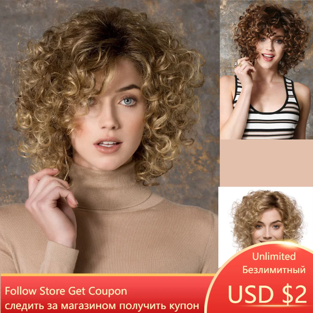 GNIMEGIL Synthetic 80s Short Curly Wig for Woman Fluffy African Curly Blonde Wig Ombre Female Hair Costume Cosplay Wig Halloween