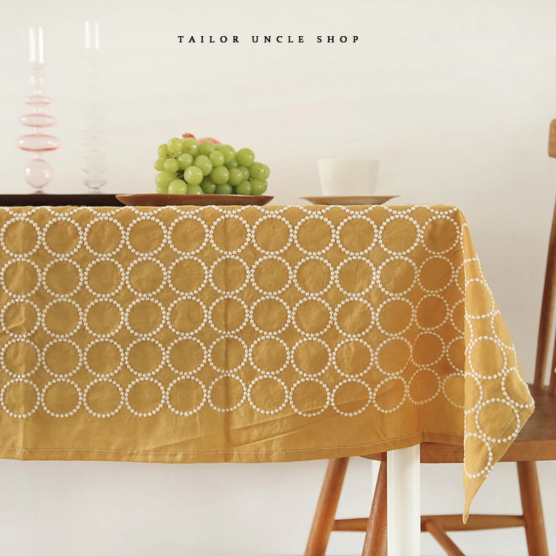

Vintage Ginger Geometric Round Embroidered Japanese High Quality Cotton And Linen Rectangular Tablecloth Cover