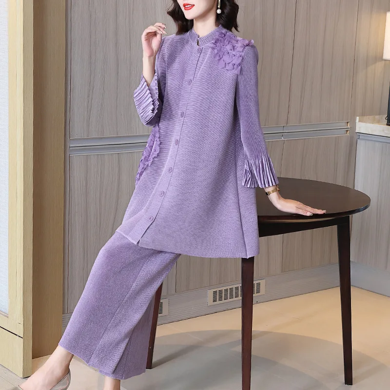 

Set Women 2 Pieces Miyake Pleated Autumn And Winter 2022 New Fashion Loose Single Breasted Top + Ankle-Length Pant