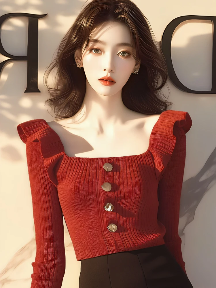 Вязаный женский вязаный топ с длинными рукавами и квадратным воротником во